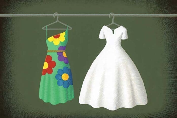 An illustration of two dresses hanging in a closet