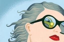 An illustration of a car in the reflection of a woman's sunglasses