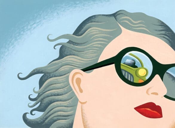 An illustration of a car in the reflection of a woman's sunglasses