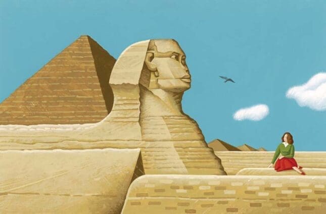 An illustration of a woman sitting by the Great Sphinx of Giza