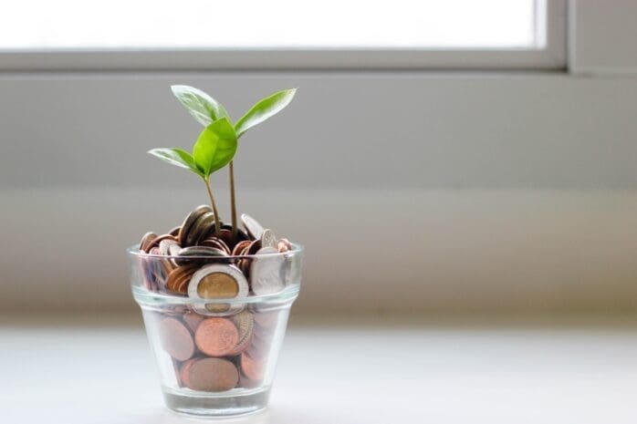 A sprout growing out of a cup of coins