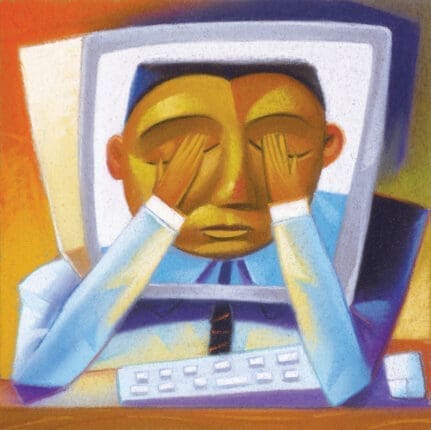 A man with a computer screen for a head holds his hands to his eyes