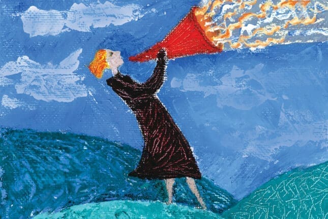 A painting of a woman yelling from a mountain