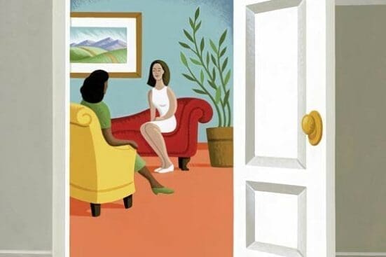 An illustration of two women in the therapy room