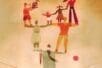 An illustration of a man on a tightrope and people balancing on his arms