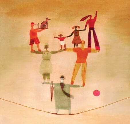 An illustration of a man on a tightrope and people balancing on his arms