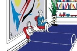 An illustration of two people sitting in an office