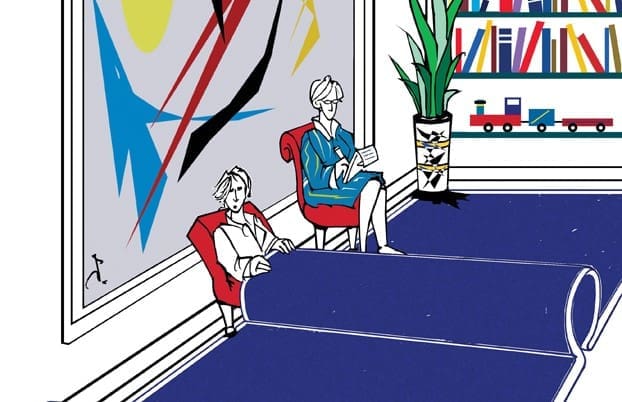 An illustration of two people sitting in an office