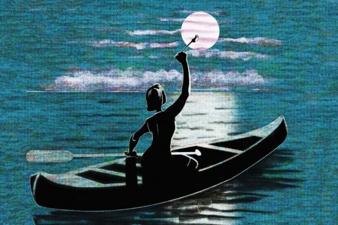 An illustration of a woman in a canoe painting the moon onto the landscape