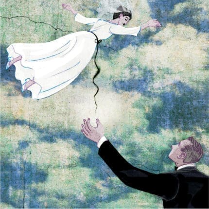 An illustration of a woman in a wedding dress floating above her groom