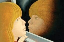 An illustration of a girl looking at her reflection in a car window