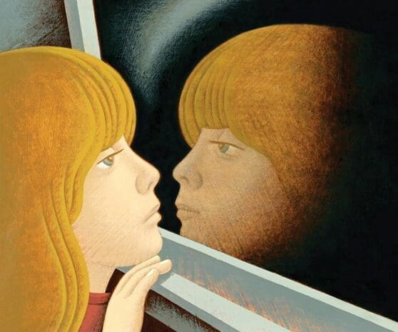 An illustration of a girl looking at her reflection in a car window