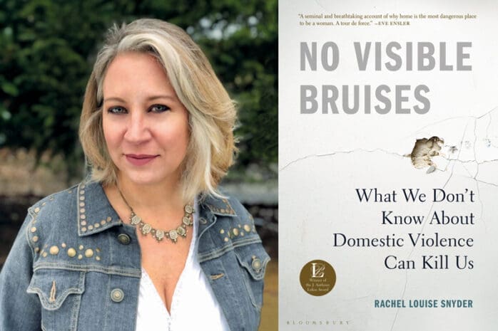 A headshot of a woman and the cover of "No Visible Bruises"