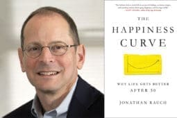 A headshot of a man and the cover of "The Happiness Curve"