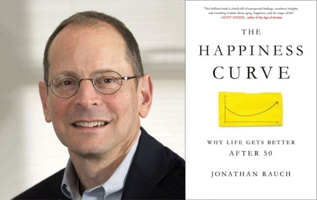 A headshot of a man and the cover of "The Happiness Curve"