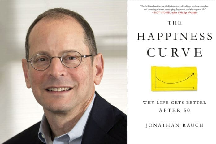 A headshot of a man and the cover of "The Happiness Curve"