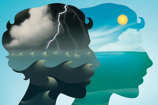 An illustration of two heads in silhouette filled with stormy weather