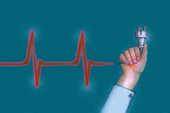 An illustration of a hand holding a cable connected to an EKG diagram