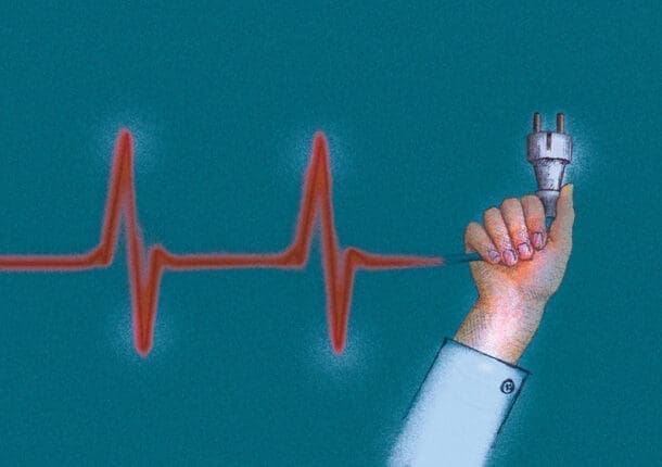 An illustration of a hand holding a cable connected to an EKG diagram