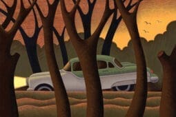 An illustration of a car driving through the woods