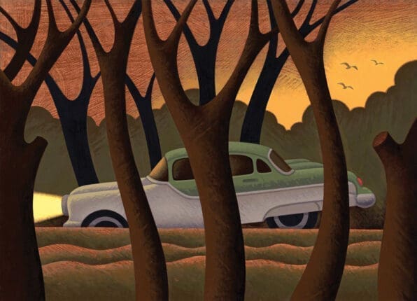 An illustration of a car driving through the woods