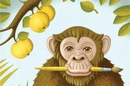 An illustration of a monkey with a paintbrush in its mouth