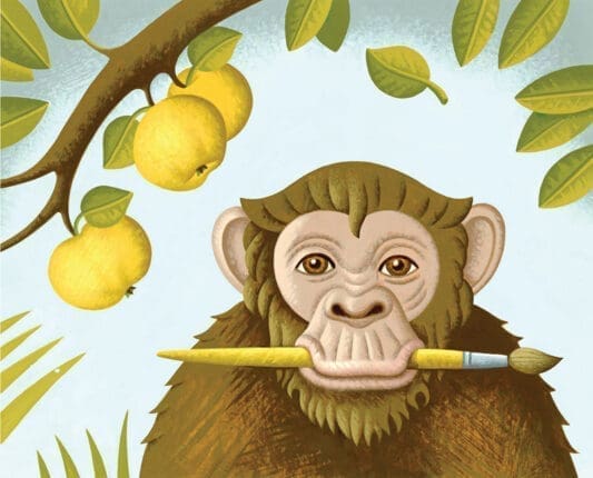 An illustration of a monkey with a paintbrush in its mouth