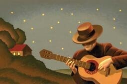 An illustration of a man playing guitar under the night sky