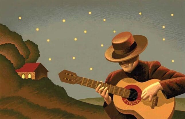 An illustration of a man playing guitar under the night sky