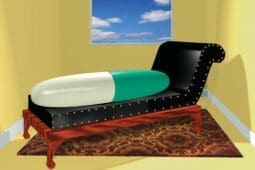 An illustration of a pill on a couch