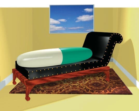 An illustration of a pill on a couch