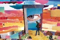 A collage of a person walking through a doorway with a large eye inside