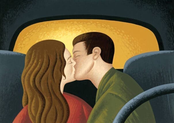 An illustration of a man and woman kissing in a car