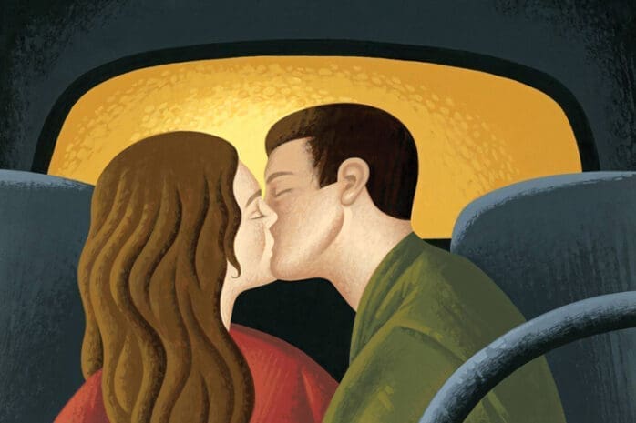 An illustration of a man and woman kissing in a car