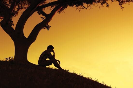 A person sits on a hill at sunset