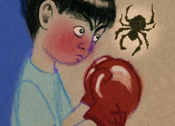 An illustration of a young boy threatening a spider with boxing gloves