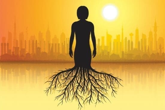 An illustration of a woman's silhouette with roots