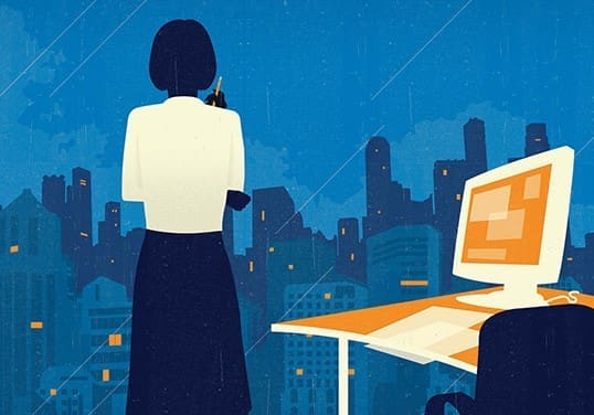 An illustration of a woman on the phone looking at the city skyline