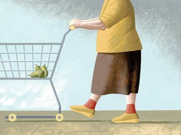 An illustration of a woman pushing a shopping cart