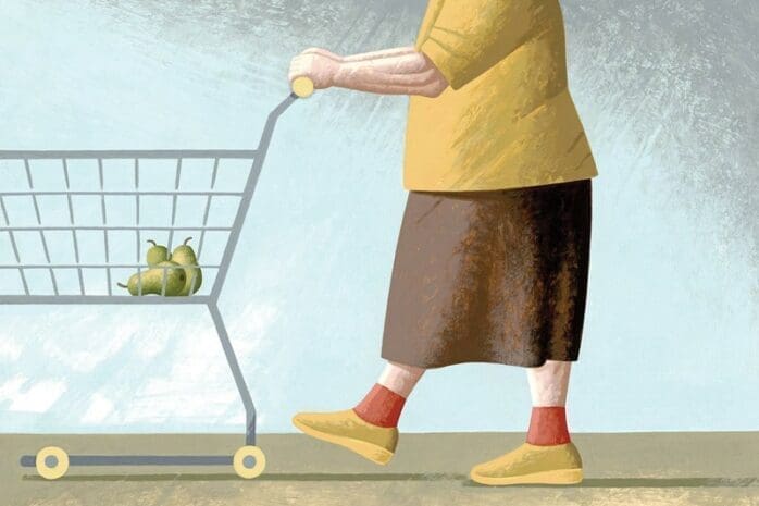 An illustration of a woman pushing a shopping cart