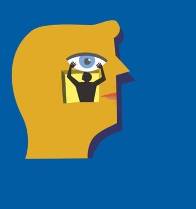 An illustration of a face with a person coming out of it touching its eye