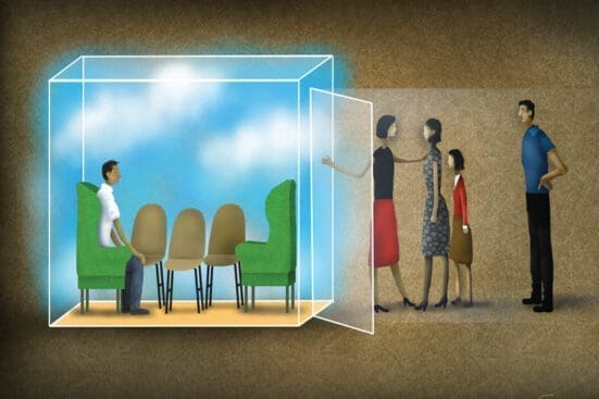 An illustration of a family walking into a box with chairs