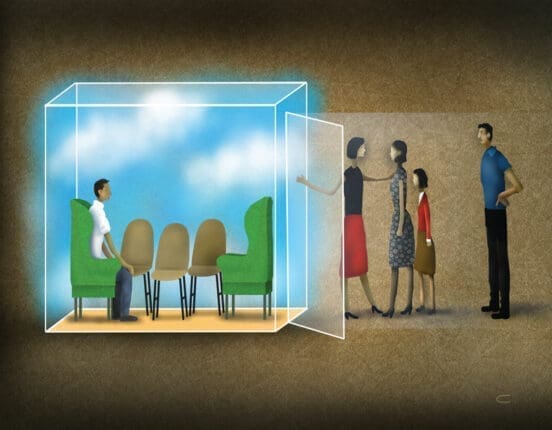 An illustration of a family walking into a box with chairs