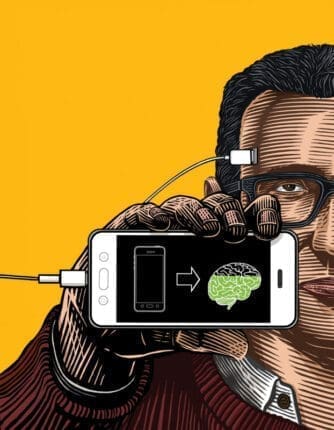 An illustration of a man with a phone plugged into his head