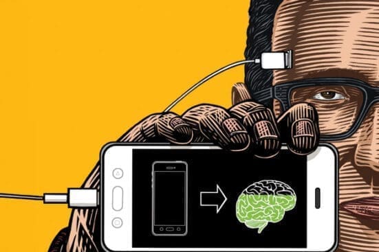 An illustration of a man with a phone plugged into his head