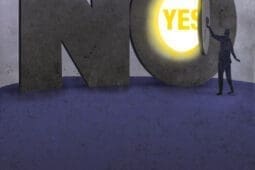 An illustration of a person opening a door in the word "No" that reads "Yes"