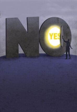 An illustration of a person opening a door in the word "No" that reads "Yes"
