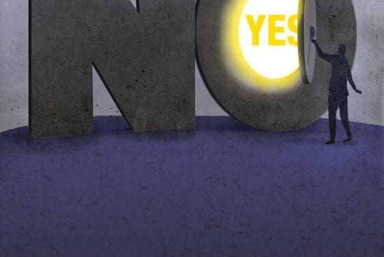 An illustration of a person opening a door in the word "No" that reads "Yes"