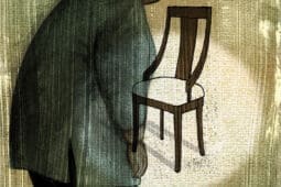 An illustration of a person looking at a chair