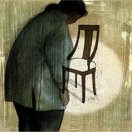 An illustration of a person looking at a chair